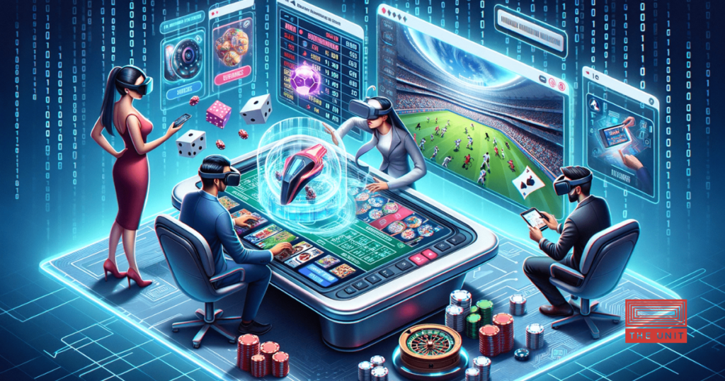 Illustration of a sleek, modern iGaming software solutions console on a table, with holographic 3D games and sports betting visuals emerging from it.