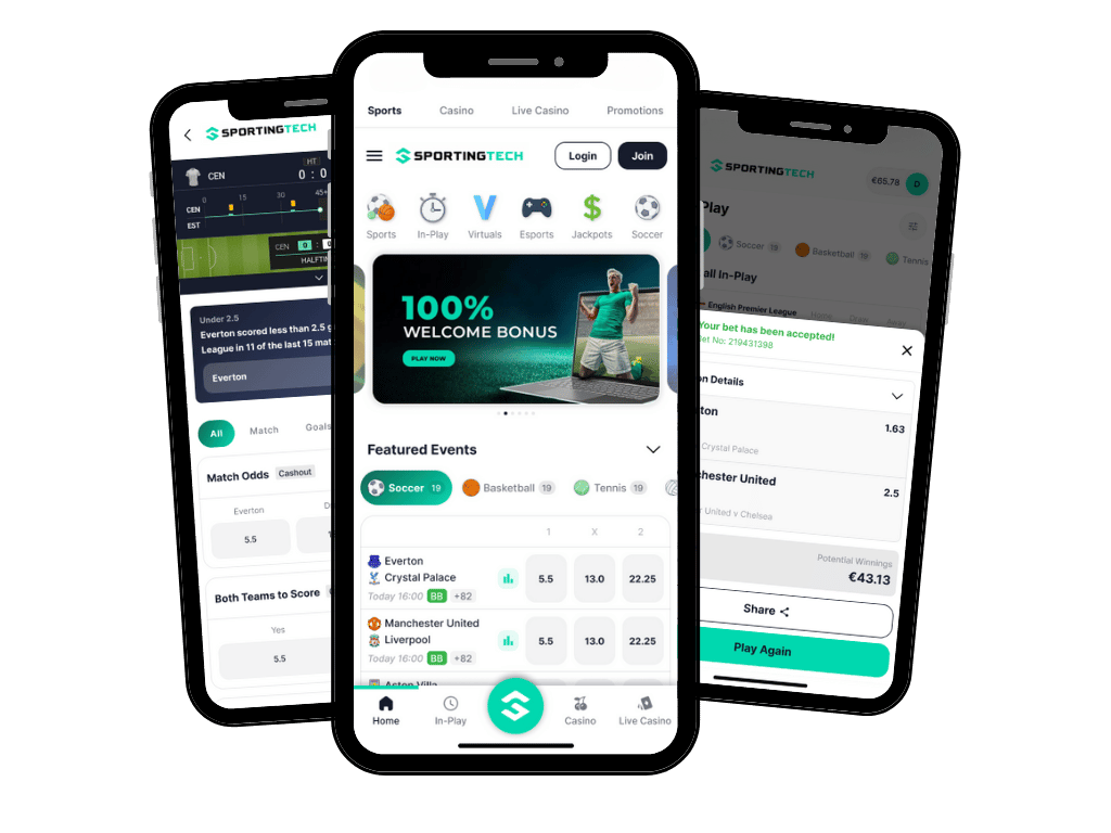 iPhone mockups of The Unit sports betting app for Sportingtech
