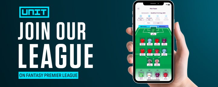 The Unit Fantasy Premier League 2025/26 promotional graphic showing a mobile phone with an FPL team and text encouraging users to join the free league and win monthly prizes and a €500 flight voucher.