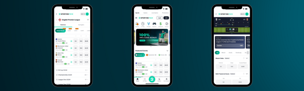 iPhone mockups of Sportingtech mobile sportsbook app showing betting markets, featured events, and in-play match interface.