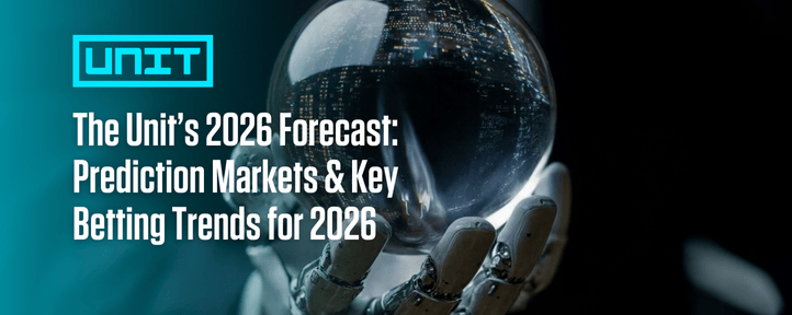 Robot holding a crystal ball with a cityscape reflection, used as The Unit’s cover image for a blog on 2026 sports betting and prediction market trends.